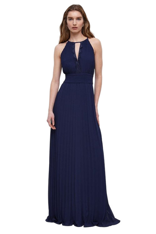 Jacques Vert Navy Lace Keyhole Pleated Halter Bridesmaids Maxi Dress BCC04796