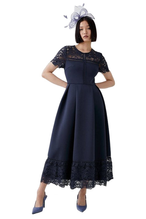 Jacques Vert Navy Lace Panel Scuba Full Skirt Midi Dress BCC05166