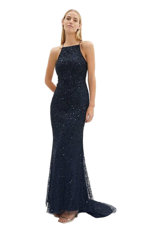 Jacques Vert Navy Lace Up Back Sequin Maxi Dress BCC04122