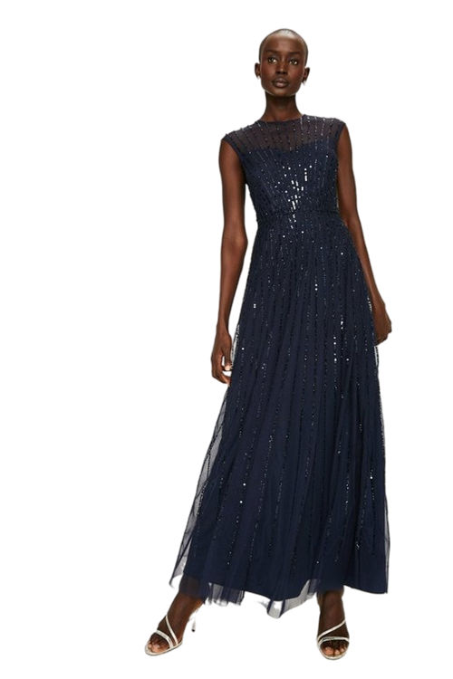 Jacques Vert Navy Linear Sequin Embellished Mesh Maxi Dress BCC02673