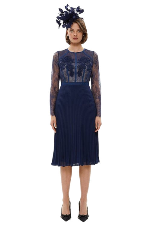 Jacques Vert Navy Long Sleeve Lace Pleated Skirt Midi Dress ACC02099