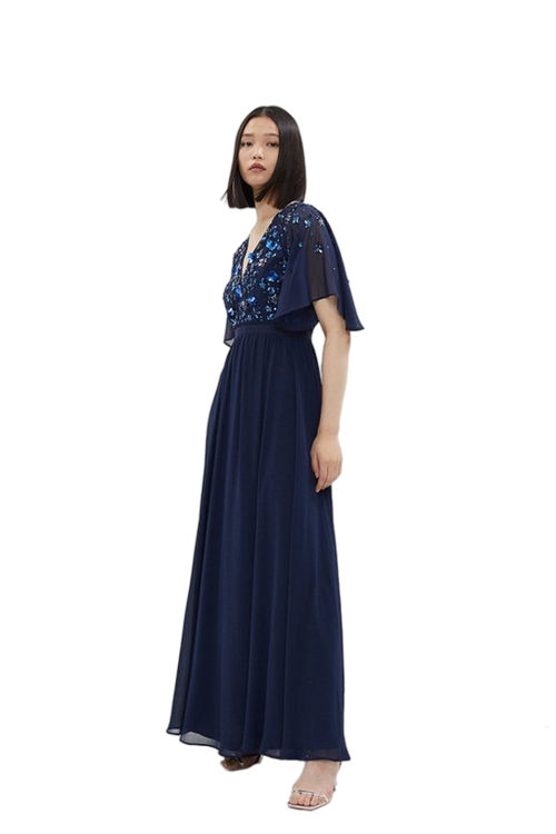 Jacques Vert Navy Maxi Dress With Flutter Sleeve & Beading BCC03770