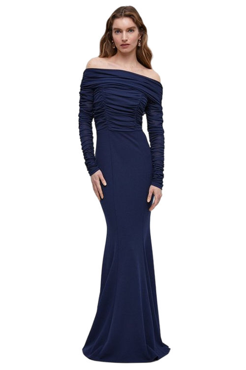 Jacques Vert Navy Mesh Bardot Stretch Crepe Fishtail Bridesmaids Maxi Dress BCC04508