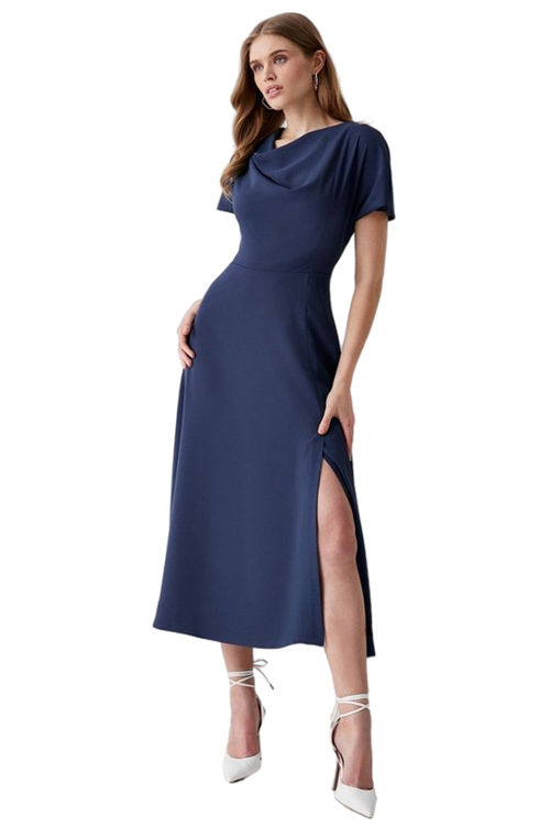 Jacques Vert Navy Midi Dress With High Neck & Flare Skirt BCC04742