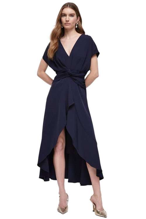 Jacques Vert Navy Midi Dress With Twist Waist & Ruffle BCC04419