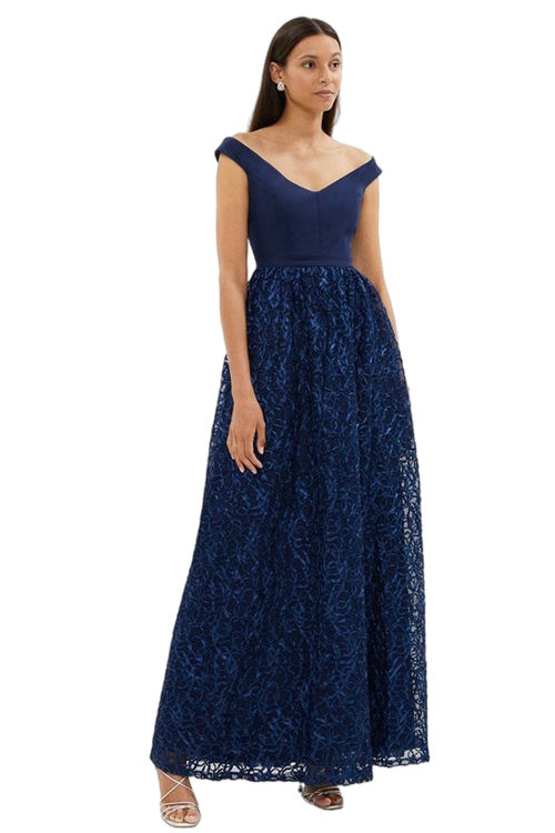 Jacques Vert Navy Off Shoulder Embroidered Skirt Maxi Dress BCC03248