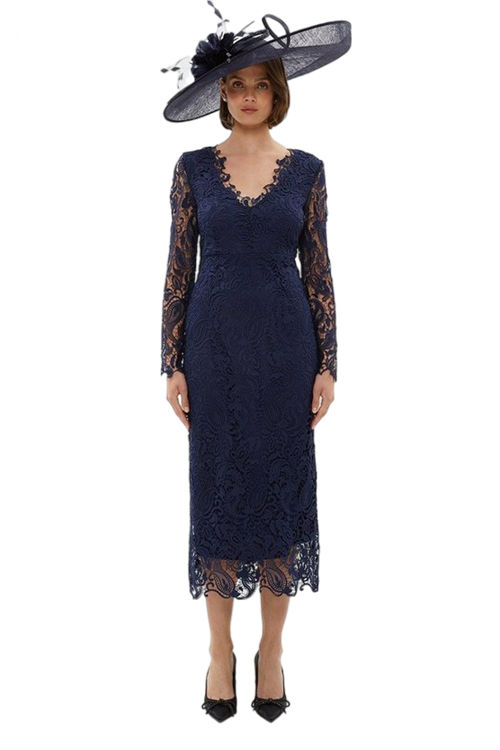 Jacques Vert Navy Paisley Lace Long Sleeve Midi Pencil Dress BCC02344