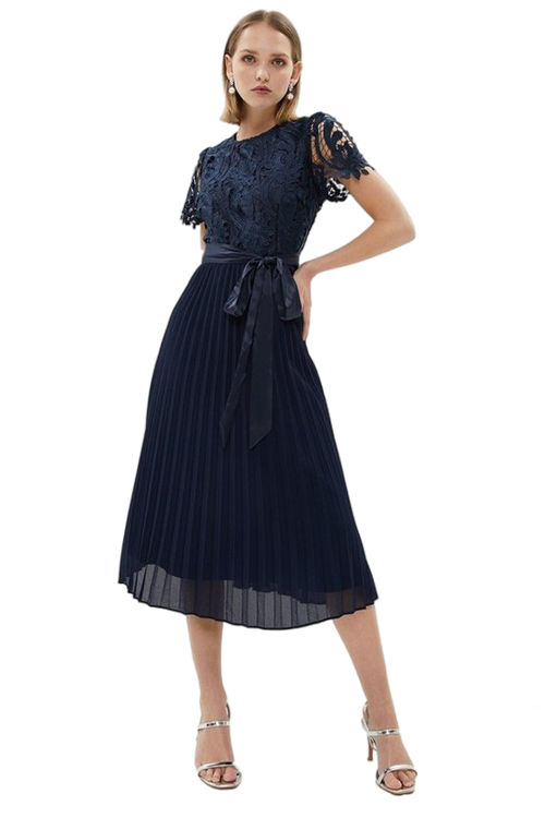 Jacques Vert Navy Petite Belted Lace Bodice Pleat Skirt Midi Dress BCC02570