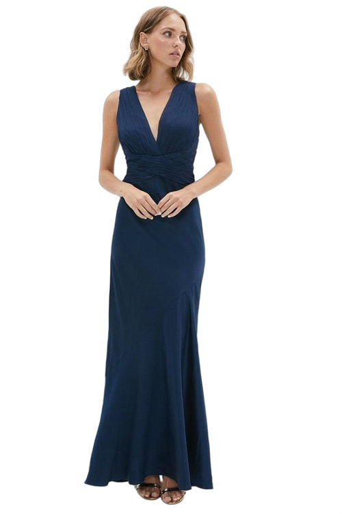 Jacques Vert Navy Petite Chiffon V Neck Satin Maxi Dress BCC02670