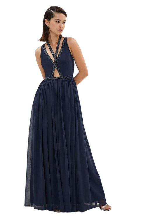 Jacques Vert Navy Petite Cut Out Open Back Sequin Trim Maxi BCC01457