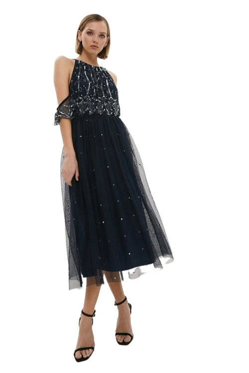 Jacques Vert Navy Petite Embellished Cold Shoulder Midi Dress​ BCC00613