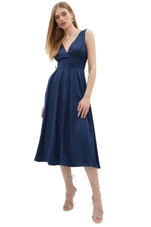 Jacques Vert Navy Petite Full Skirted Satin Midi Dress BCC03128