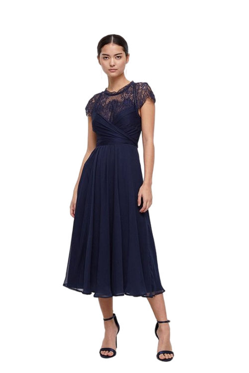 Jacques Vert Navy Petite Lace Cross Over Front Chiffon Midi BCC01463