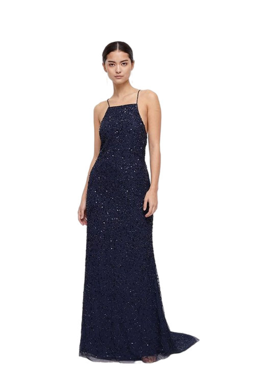 Jacques Vert Navy Petite Lace Up Back Sequin Maxi Dress BCC04119