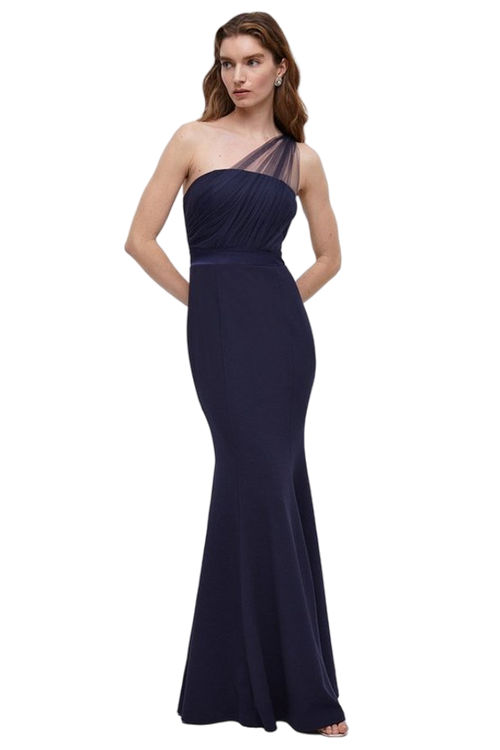 Jacques Vert Navy Petite Mesh One Shoulder Crepe Bridesmaid Maxi Dress BCC04886