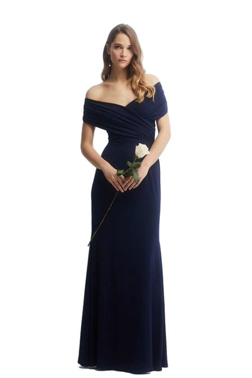 Jacques Vert Navy Petite Ruched Bardot Fishtail Slinky Jersey Bridesmaids Maxi BCC05547