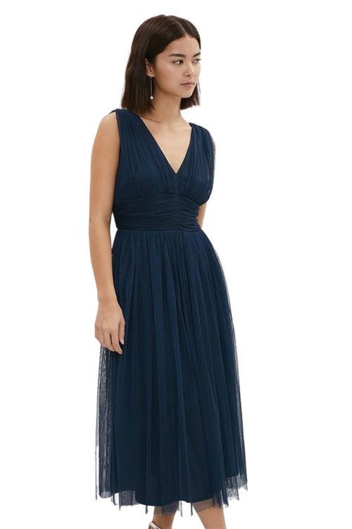 Jacques Vert Navy Petite Sleeveless Tulle V Front Bow Back Midi Dress BCC03888