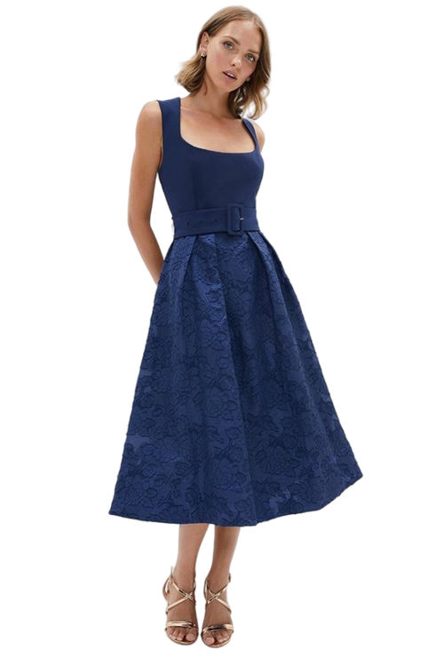 Jacques Vert Navy Petite Square Neck Embroidered Midi Dress BCC03269