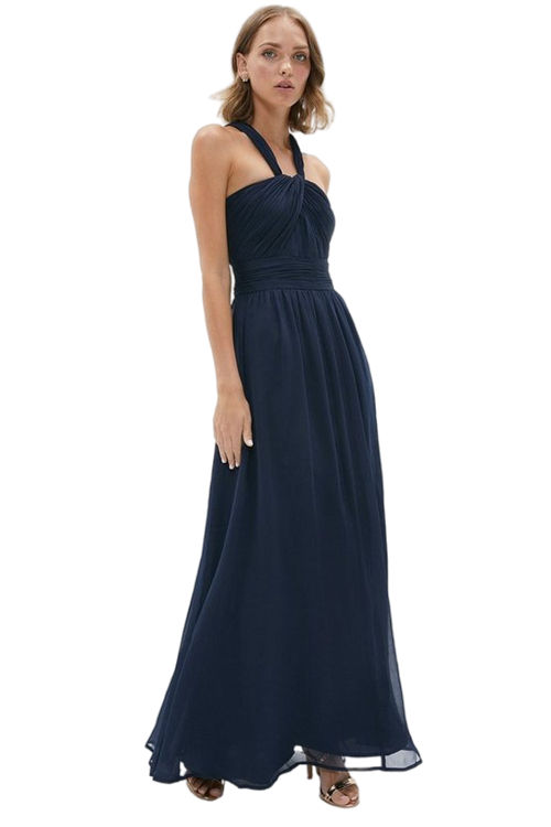 Jacques Vert Navy Petite Twist Bardot Chiffon Maxi Dress BCC02606