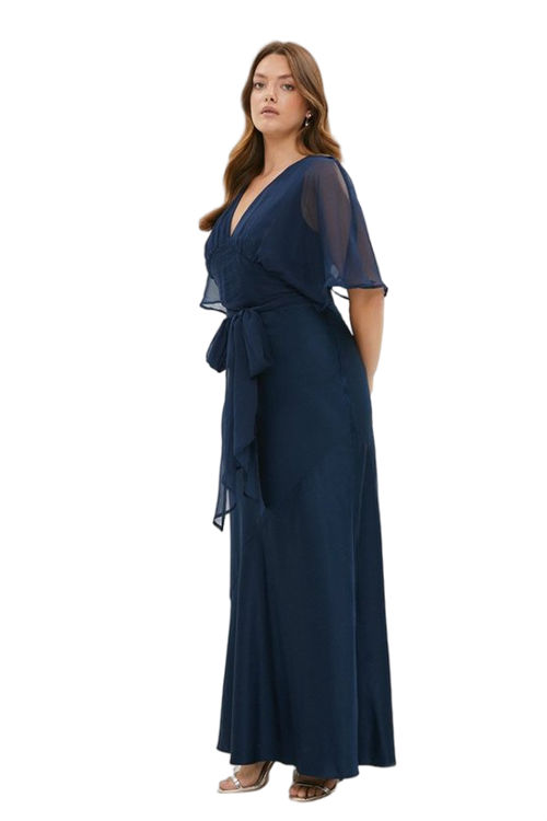 Jacques Vert Navy Plus Size Angel Sleeve Satin Maxi Dress BCC02668