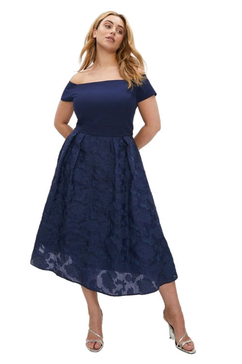 Jacques Vert Navy Plus Size Bardot Neck Embroidered Midi Dress ACC96038