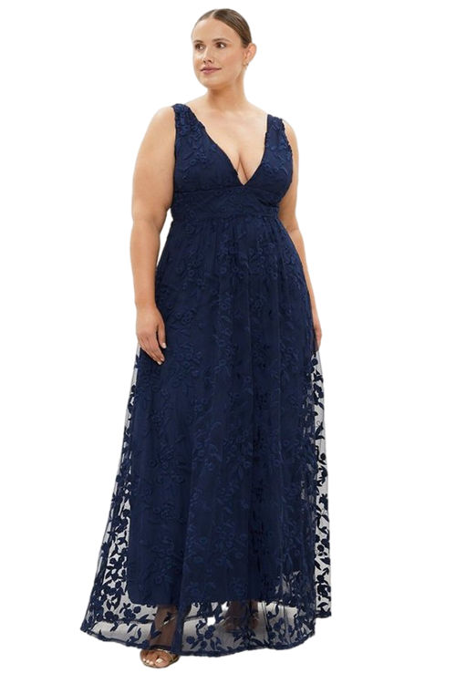 Jacques Vert Navy Plus Size Deep V Embroidered Maxi Dress BCC03277