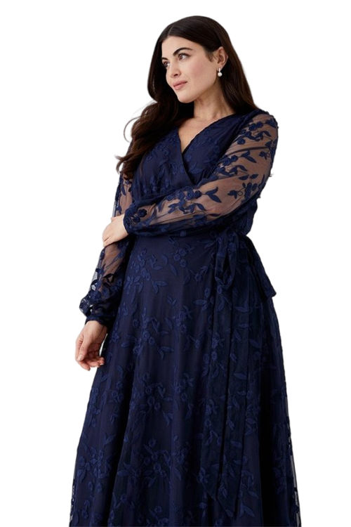 Jacques Vert Navy Plus Size Embroidered Mesh Wrap Bridesmaids Dress BCC05410