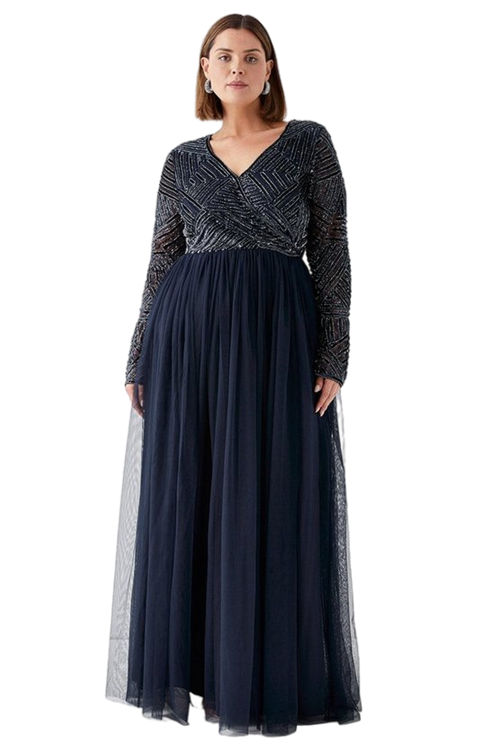 Jacques Vert Navy Plus Size Long Sleeve Wrap Embellished Top Bridesmaids Dress BCC04879