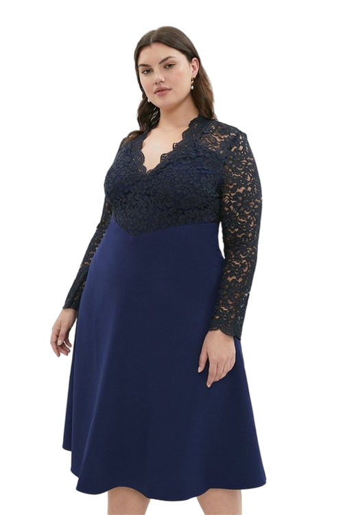 Jacques Vert Navy Plus Size Premium Lace Top Full Skirt Midi Dress BCC01766