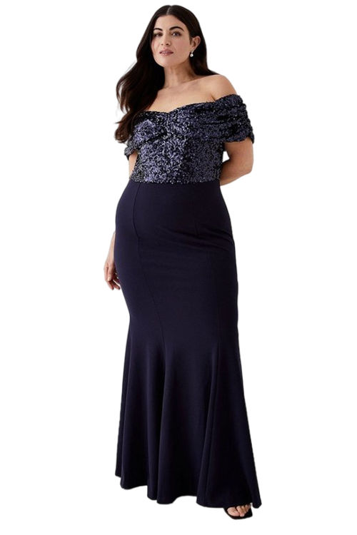 Jacques Vert Navy Plus Size Sequin Top Bodycon Bridesmaid Maxi Dress BCC04878