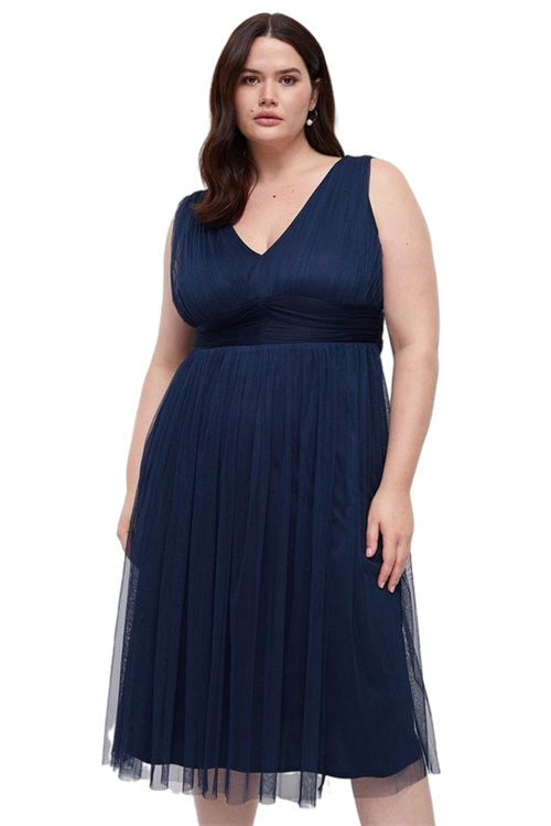 Jacques Vert Navy Plus Size Sleeveless Tulle V Front Bow Back Midi Dress BCC03887