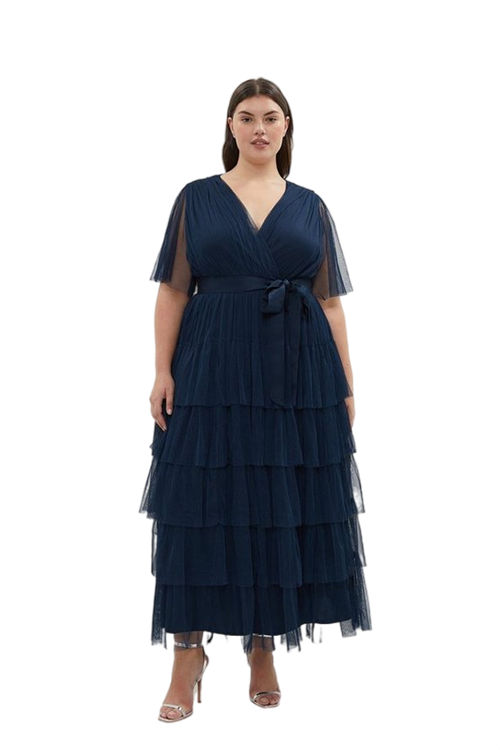 Jacques Vert Navy Plus Size Tulle Wrap Tiered Hem Maxi Dress BCC03885