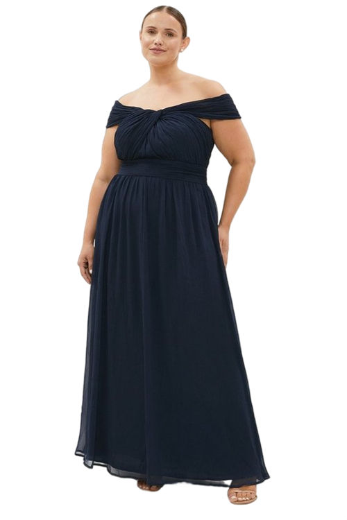 Jacques Vert Navy Plus Size Twist Bardot Chiffon Maxi Dress BCC02671