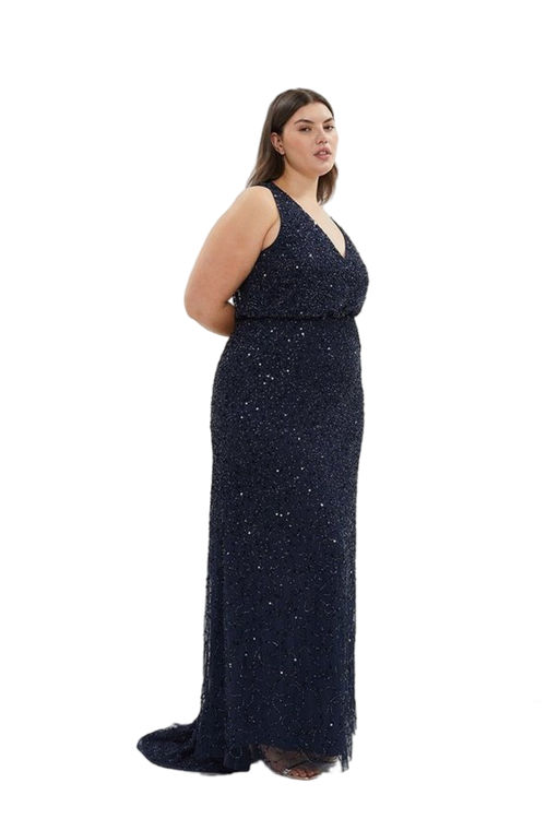 Jacques Vert Navy Plus Size V Neck Blouson Sequin Maxi Dress BCC04157