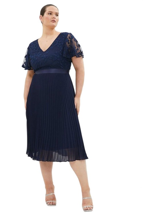 Jacques Vert Navy Plus Size V Neck Embroidered Midi Dress BCC00516