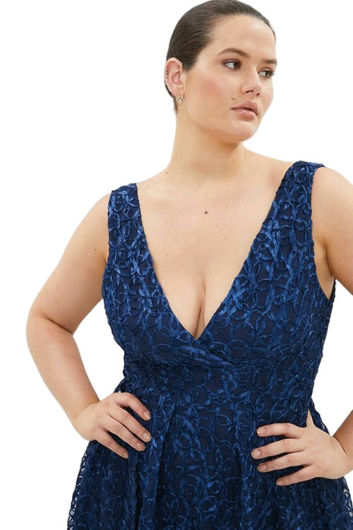 Jacques Vert Navy Plus Size Wrap Front Embroidered Midi Dress BCC03260