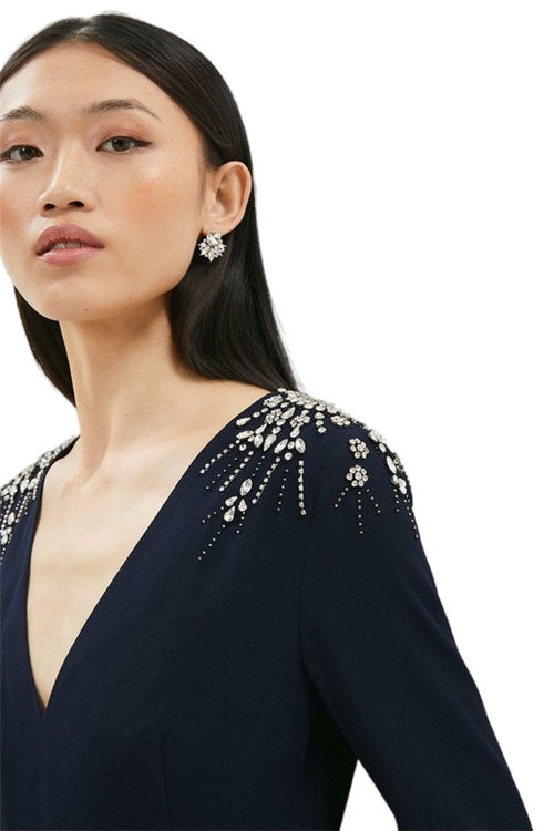 Jacques Vert Navy Premium Crepe Embellished Midi Circle Dress BCC02455