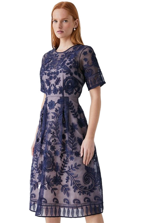 Jacques Vert Navy Premium Embroidered Organza Midi Dress BCC02470