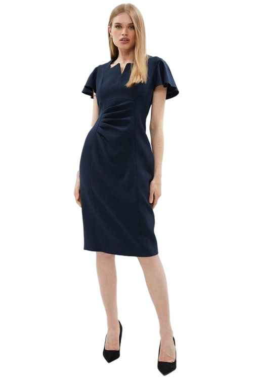 Jacques Vert Navy Premium Flare Sleeve Ruched Bodice Midi Dress BCC01706