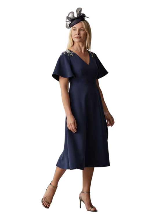 Jacques Vert Navy Premium Flutter Sleeve Embellished Midi Dress BCC05342