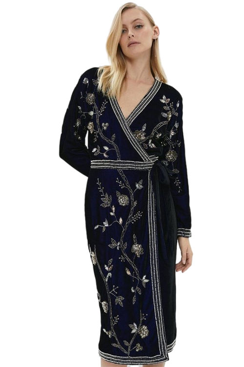 Jacques Vert Navy Premium Hand Embellished Velvet Wrap Dress BCC03424