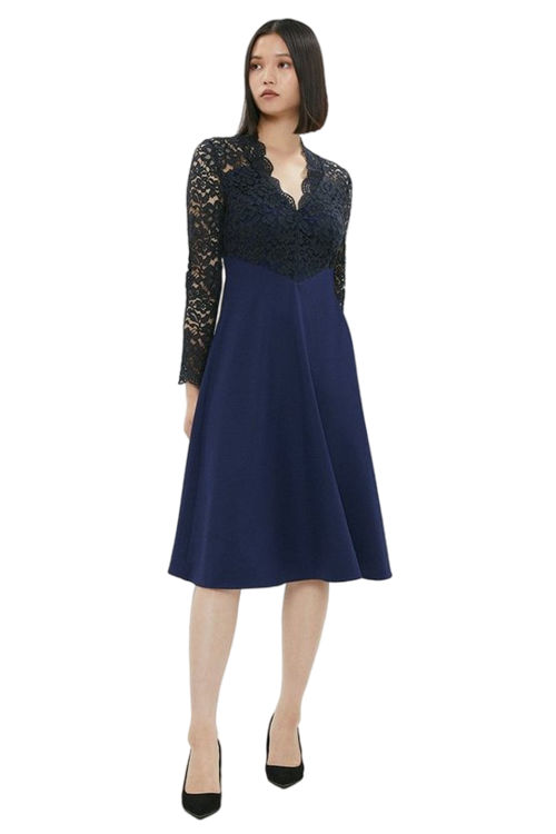 Jacques Vert Navy Premium Lace Top Full Skirt Midi Dress BCC01739