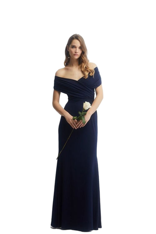 Jacques Vert Navy Ruched Bardot Fishtail Slinky Jersey Bridesmaids Maxi Dress BCC04467