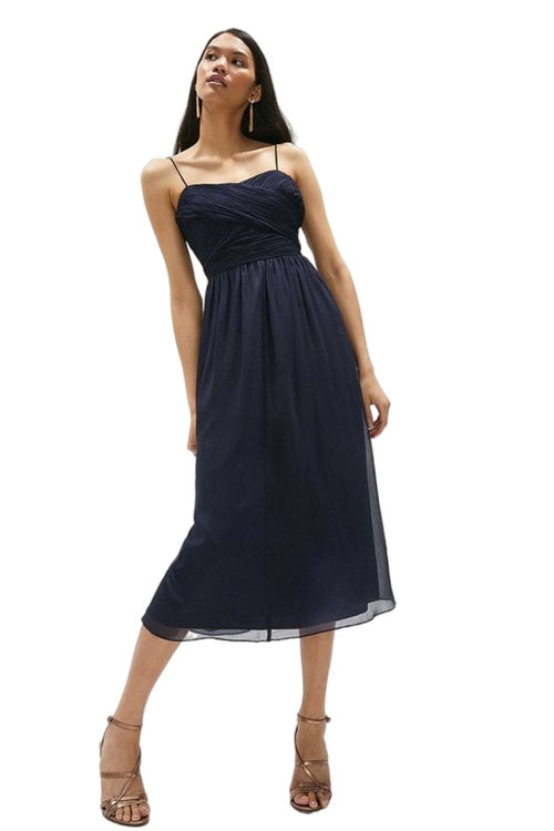 Jacques Vert Navy Ruched Bodice Cami Crinkle Chiffon Midi Dress ACC00857