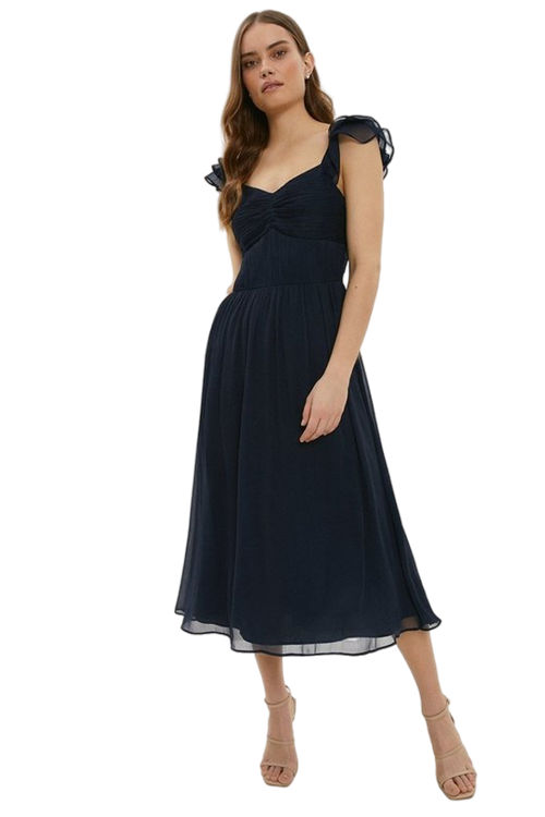 Jacques Vert Navy Ruffle Sleeve Crinkle Chiffon Midi Dress BCC01118