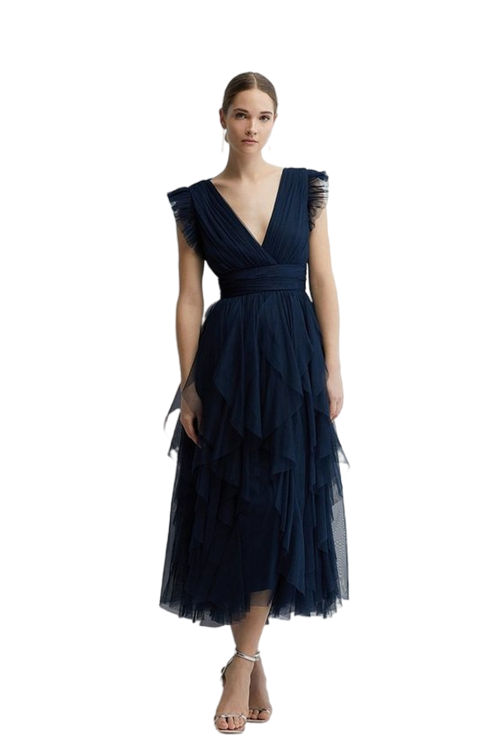 Jacques Vert Navy Ruffled Skirt Mesh Bridesmaids Midi Dress BCC04661