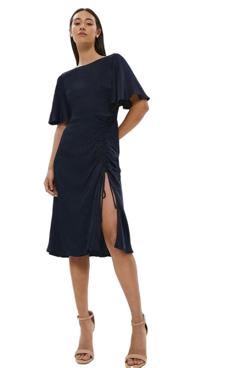 Jacques Vert Navy Satin Angel Sleeve Ruched Detail Dress BCC00069