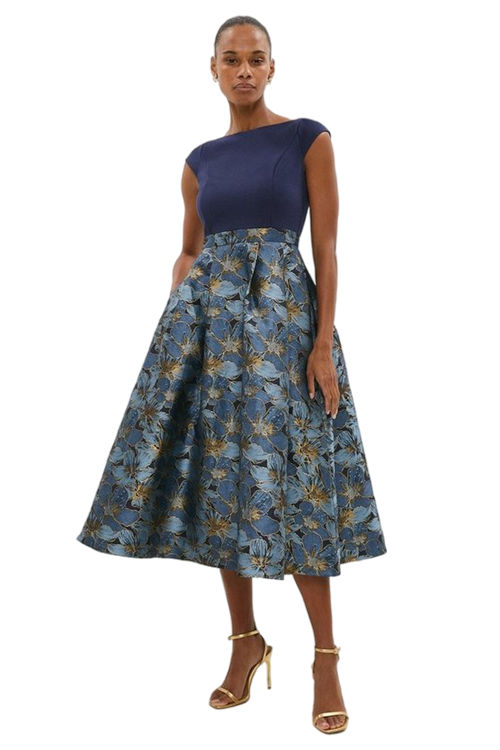 Jacques Vert Navy Satin Jacquard Full Skirt Midi Dress BCC04227