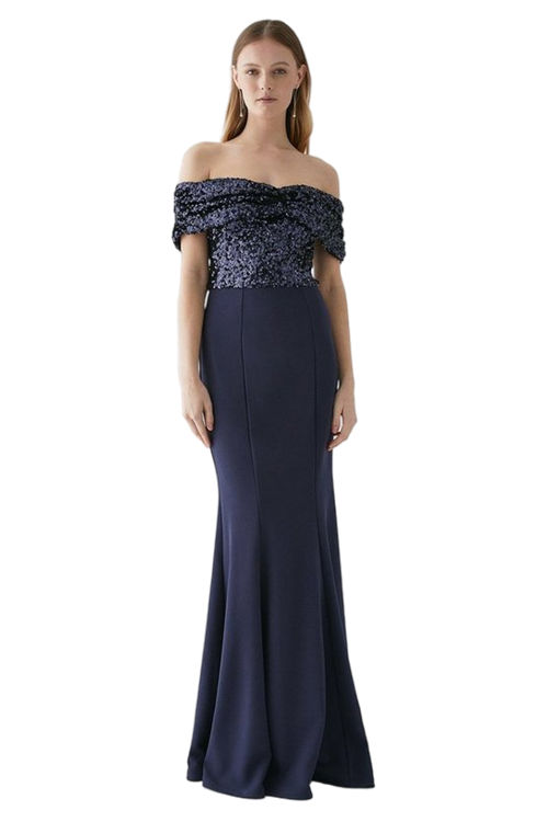 Jacques Vert Navy Sequin Top Stretch Crepe Bodycon Bridesmaid Maxi Dress BCC04765