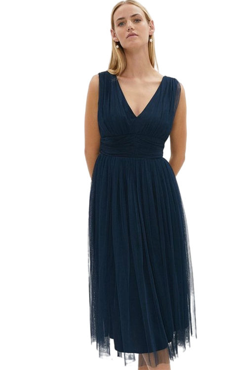 Jacques Vert Navy Sleeveless Tulle V Front Bow Back Midi Dress BCC03686